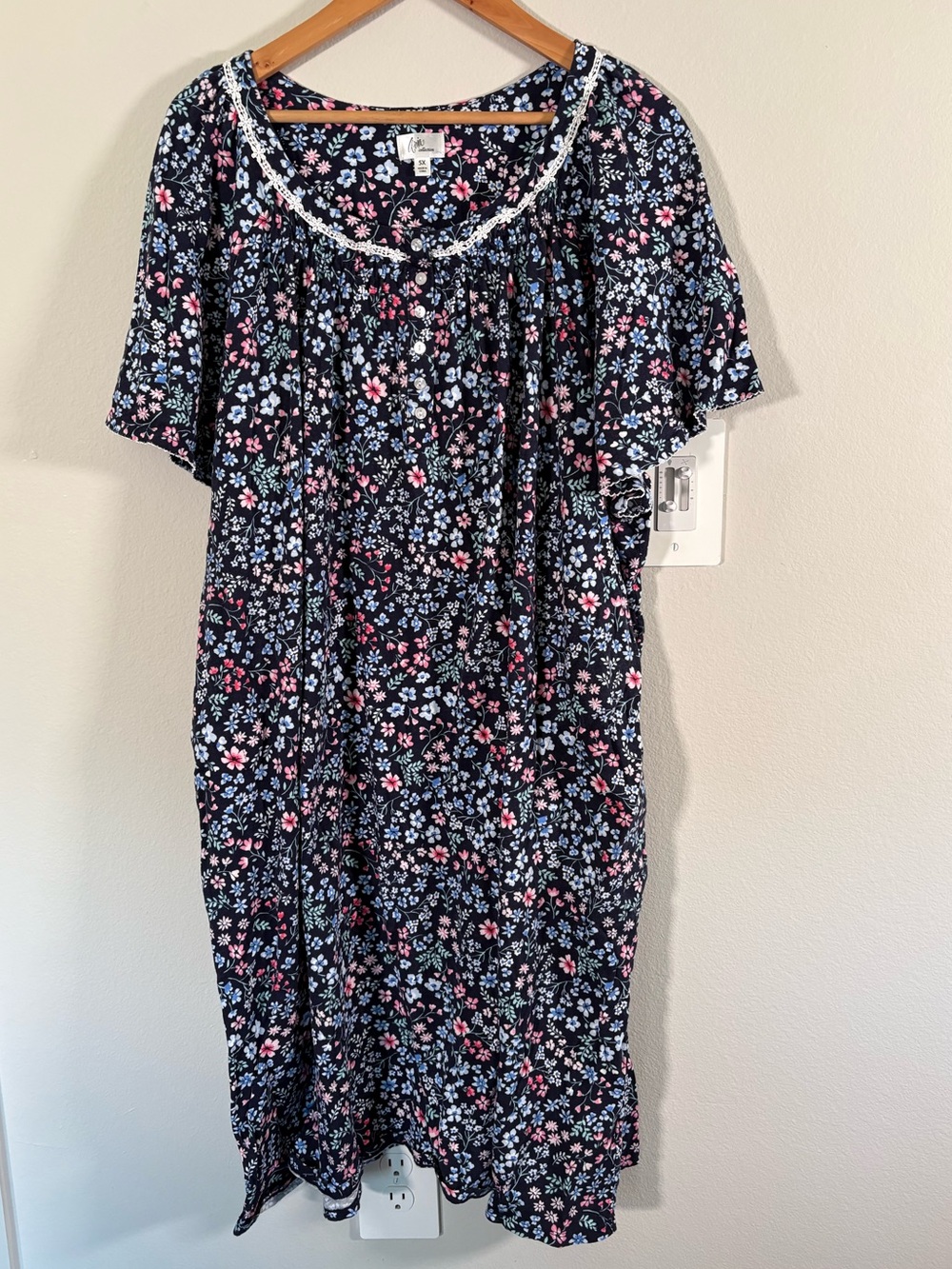 Floral Navy Mumu with Lace Trim & Pearl Buttons